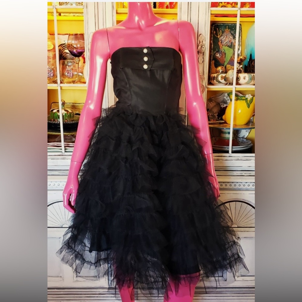 Vintage Betsey Johnson Y2K Black Ruffle Lace Tulle Coquette Tea Party Dress